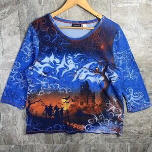 Basic Editions Halloween Graphic Print Tops Women's XL Haunted House Pumpkin